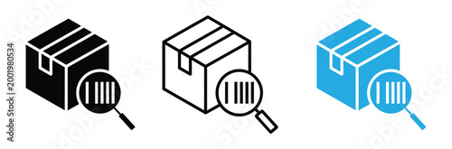 Three icons of boxes with magnifying glasses for data analysis and inspection