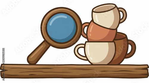 A magnifying glass inspecting a stack of coffee mugs on a shelf