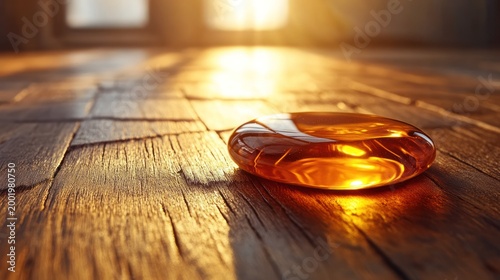Amber gem on weathered wood, sunlit