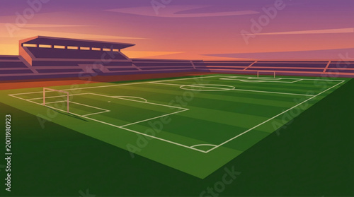 Empty soccer stadium field at sunset