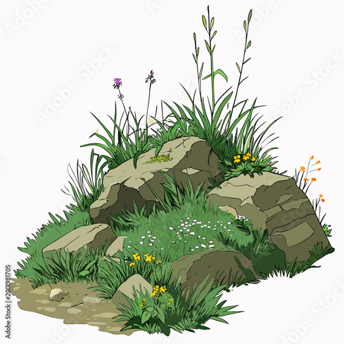 Of a rocky outcrop with grass and flowers nature white background