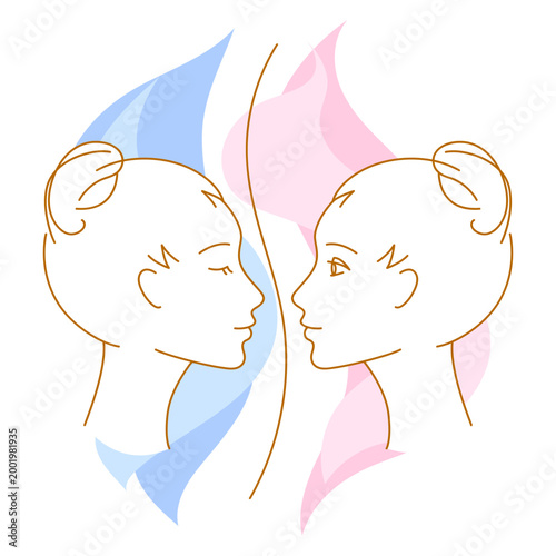 Mental health illustration. Split personality. Female character with psychological problems.