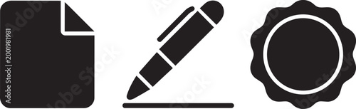 Business contract document pen and seal icons set for legal agreements and official certifications