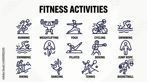 Various fitness activities illustrated in a conceptual icon sheet for healthy lifestyle choices