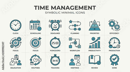 A collection of symbolic minimal icons representing various aspects of time management and productivity in a business setting with people focusing on planning and goals.