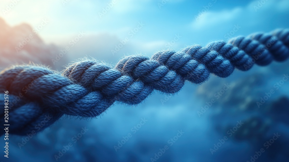 Fototapeta premium Close-up of a thick rope stretching across a misty mountain landscape