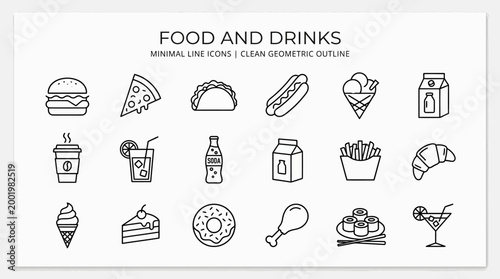 A collection of food and drink icons featuring various dishes and beverages in a simple line art style for use in graphic design or illustration projects related to restaurants or meals