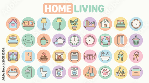A vibrant collection of home and living icons featuring various household objects and symbols arranged in rows on a plain background.