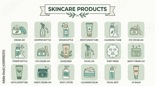 Collection of skincare product icons and bottles.