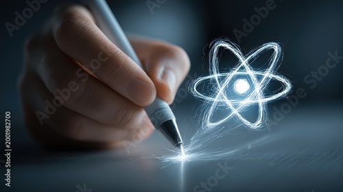 Hand Drawing Light Effect of Atom Symbol with Pen on Table in Creative Concept Representation