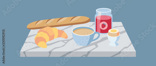 Inviting breakfast spread with baguette croissant coffee jam and boiled egg