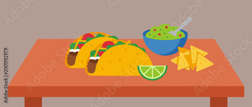 Vibrant Illustration of Delicious Tacos Guacamole Chips and Lime on Table