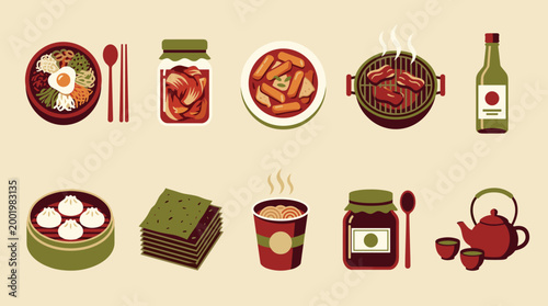 Vibrant Assortment of Asian Culinary Delicacies and Traditional Beverages Vector Art
