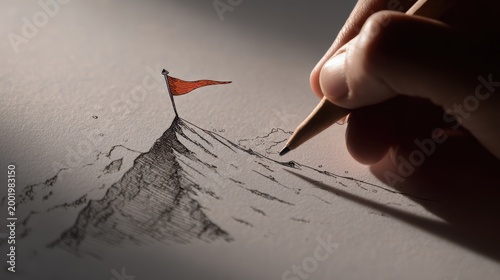 Hand Drawing a Mountain Peak with a Red Flag Symbolizing Achievement and Goals in Artistic Illustration