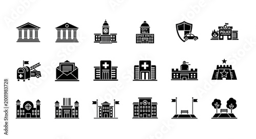 Collection of diverse building icons representing various institutions and services.