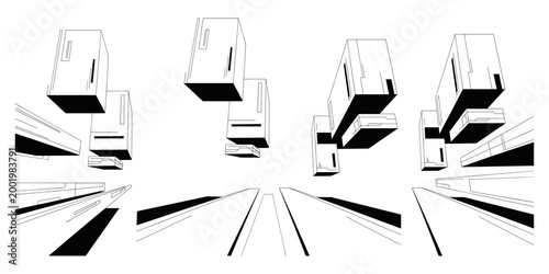 Abstract futuristic city landscape. Featuring floating architectural monoliths and perspective lines. Dynamic perspective creates depth for modern creative design backgrounds. Vector illustration.