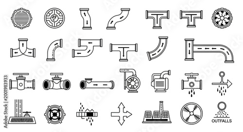 Collection of Plumbing Pipe Fittings and Valves Icons.