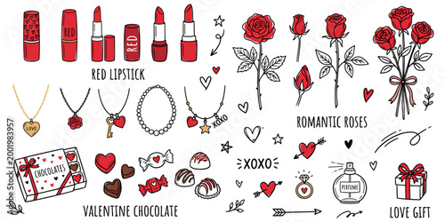 Romantic valentine doodle set. Romantic valentine doodle set with red lipstick, roses, heart shape, jewelry, chocolate candies and gift boxes. Vector illustration.