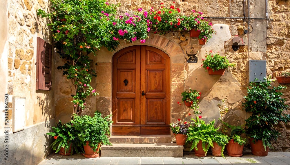 Fototapeta premium Wooden door framed by brick and flower pots; Italian aesthetic