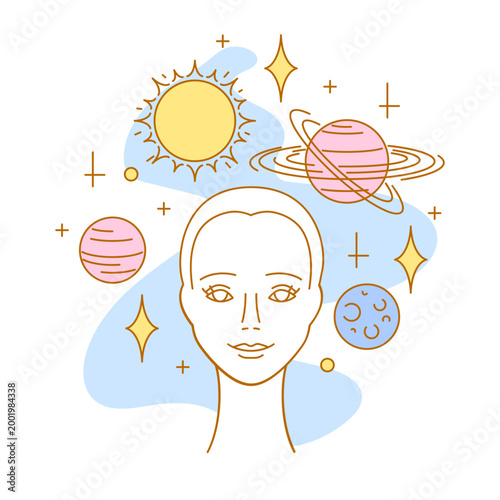 Mental health illustration. Space in head. Female character with psychological problems.