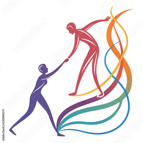 Person helping another up with colorful flowing lines.