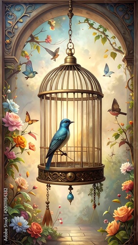 Bird in Cage with Art Design.