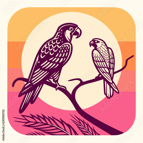 Bild auf Leinwand Two parrots sitting on a branch at sunset.