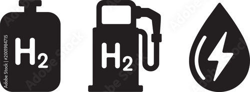 Hydrogen energy and sustainable fuel icons set for clean power generation green technology and eco
