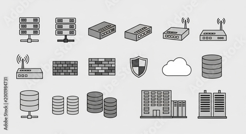 Collection of computer network and data storage icons.