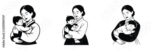 Traditional Korean Mother in Hanbok Holding Child – Asian Family Love and Culture Illustration, Mother and Baby Affection, Korean Heritage Parenting Art