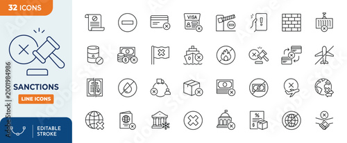 Sanctions icon set. Editable stroke. Vector illustration