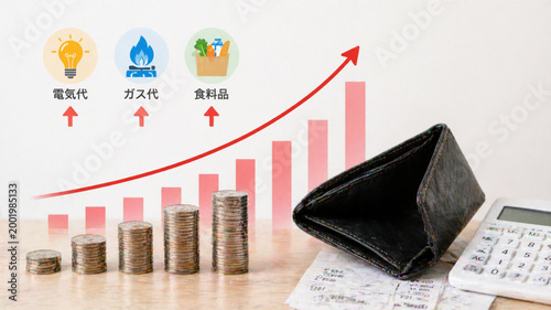 電気代・ガス代・食料品の値上げと家計負担のイメージ/Rising Costs of Electricity, Gas, and Food Impacting Household Finances Generative AI