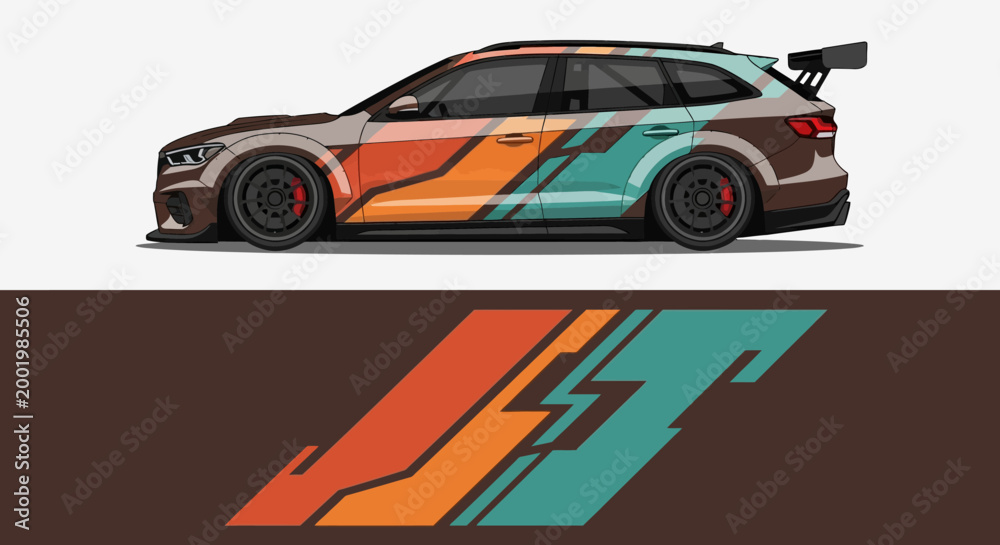 Naklejka premium Vibrant race car with teal, orange, and brown livery racing on a track.