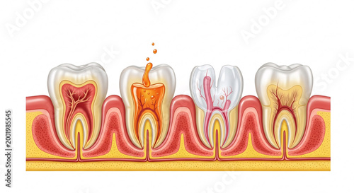 Stages of human tooth decay progression showing a cavity to severe root damage