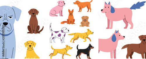 Playful Cartoon Dog Collection with Various Breeds, Poses, and Expressions for Pet Lovers, Animal Design, and Dog Character Art