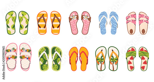 Trendy vector set of beach flip flops in flat hand drawn style. Colorful summer sandals with tropical patterns, fruits and flowers. Perfect for vacation design, travel themes, prints and social media.