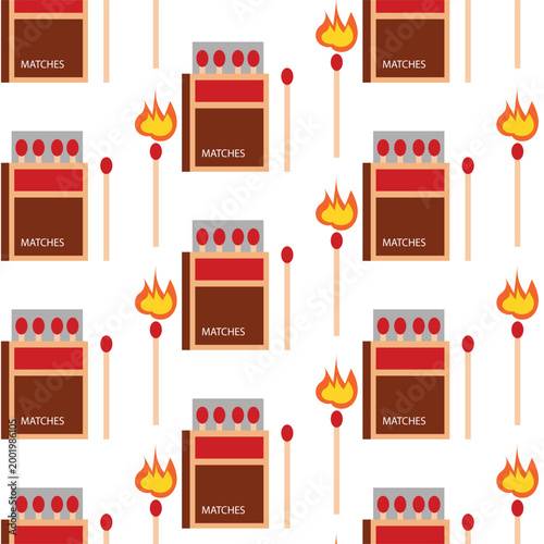 Matchbox and matches seamless pattern vector illustration. Vintage style repeating background with matchsticks, flames and red matchboxes for creative wrap and textile design.