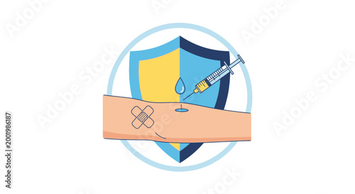 Stylized Medical Shield Protecting Human Arm Receiving Injection with Bandage and Droplet