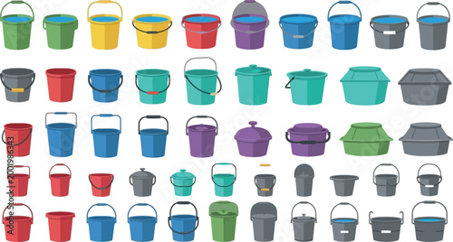 Large collection of colorful buckets with lids and handles various shapes plastic containers isolated household vector illustration set