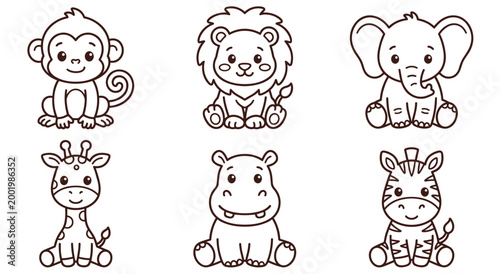 Bild auf Leinwand Set of adorable baby animal illustrations featuring monkey lion elephant giraffe hippo and zebra