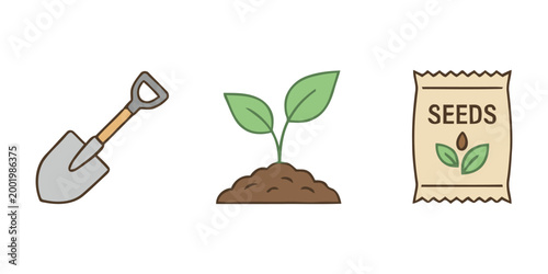 Flat vector illustration of gardening tools and elements. shovel, young green plant in soil, and seed packet.