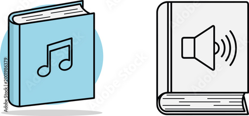 Flat vector illustration, audiobook and music album book icons, digital library concepts, isolated on white background, simple design.