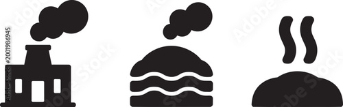 Pollution environmental icons set depicting factory smoke volcano steam and emission sources flat