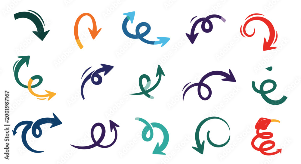 Fototapeta premium Large collection of colorful and expressive hand drawn arrow icons in various curly and straight styles for visual communication.