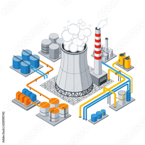 Isometric Nuclear Power Plant Illustration with Tanks and Pipes.