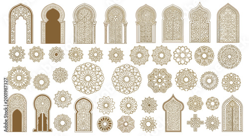 Elaborate set of Islamic architectural arches and intricate golden geometric mandala patterns in a vector format.