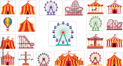 Colorful circus and carnival icon collection featuring tents, ferris wheels, roller coasters, and amusement park attractions for fun entertainment design