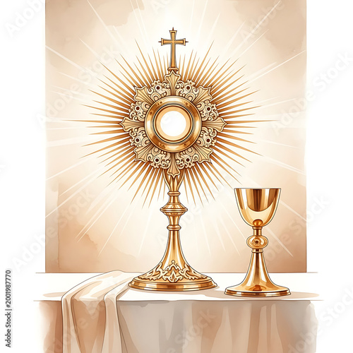 Corpus Christi and Chalice with Wine, Blessed Sacrament Watercolor Isolated on White Background 