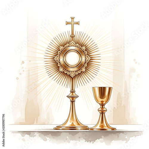 Corpus Christi and Chalice with Wine, Blessed Sacrament Watercolor Isolated on White Background 