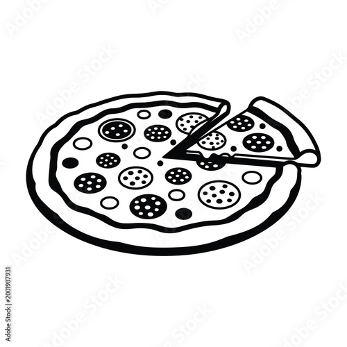 Delicious homemade pizza with toppings and one slice cut out